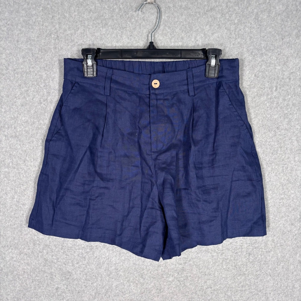 Lintico Pleated Linen Shorts Medium Navy High Waist Casual Career Preppy Pockets